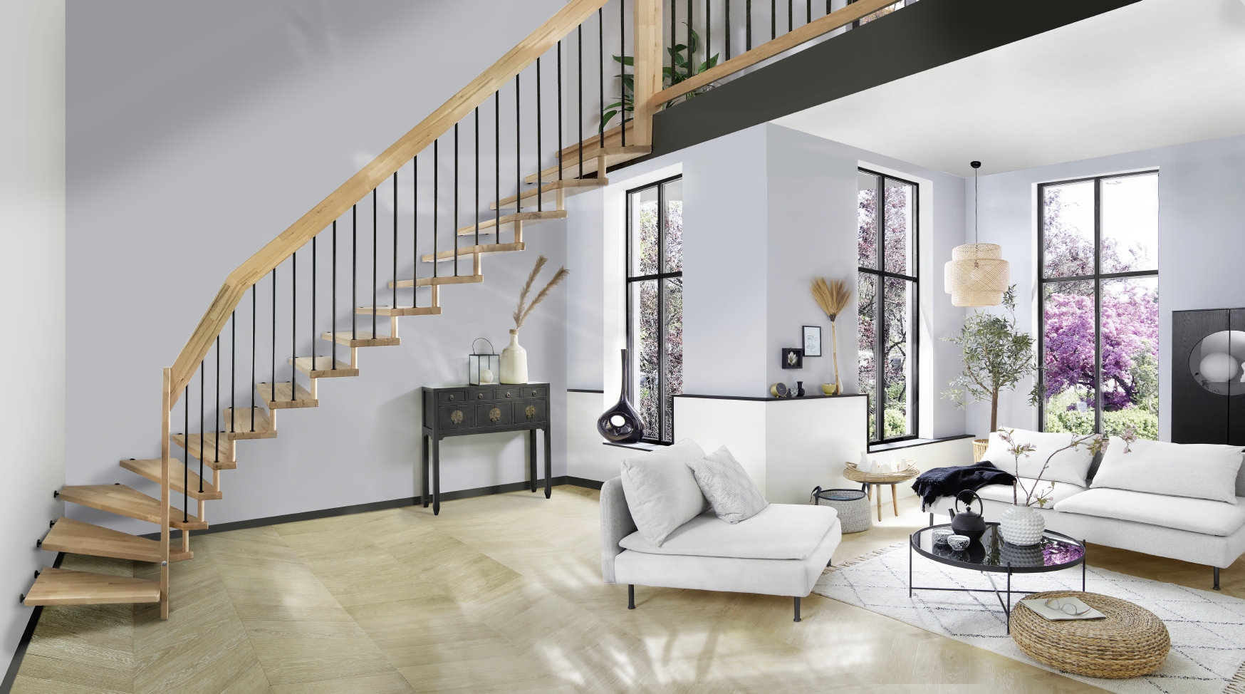 Escalier suspendu en bois rampe avec balustres métalliques-Treppenmeister