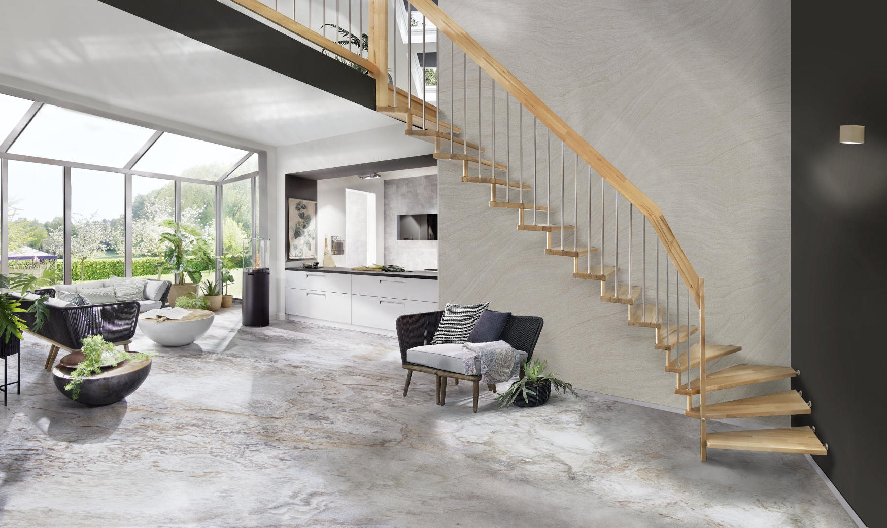 Escalier suspendu en bois rampe avec balustres métalliques-Treppenmeister